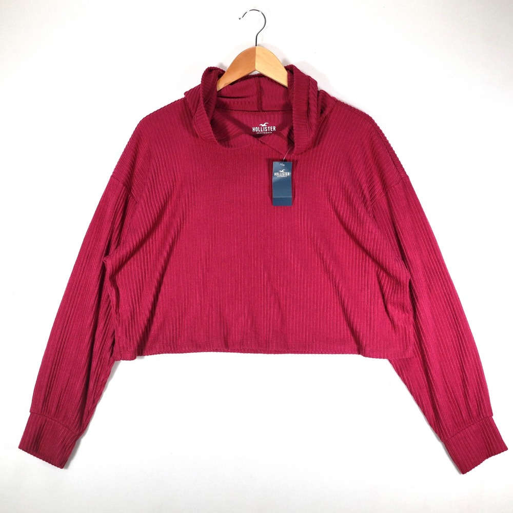 Hollister Hoodie Women Large Maroon Ribbed Knit Cropped Pullover Casual